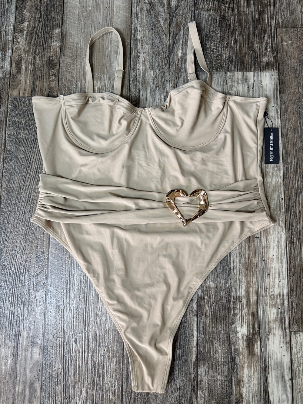PrettyLittleThing Beige Ruched  Underwire One-Piece Swimsuit W metal heart ,20